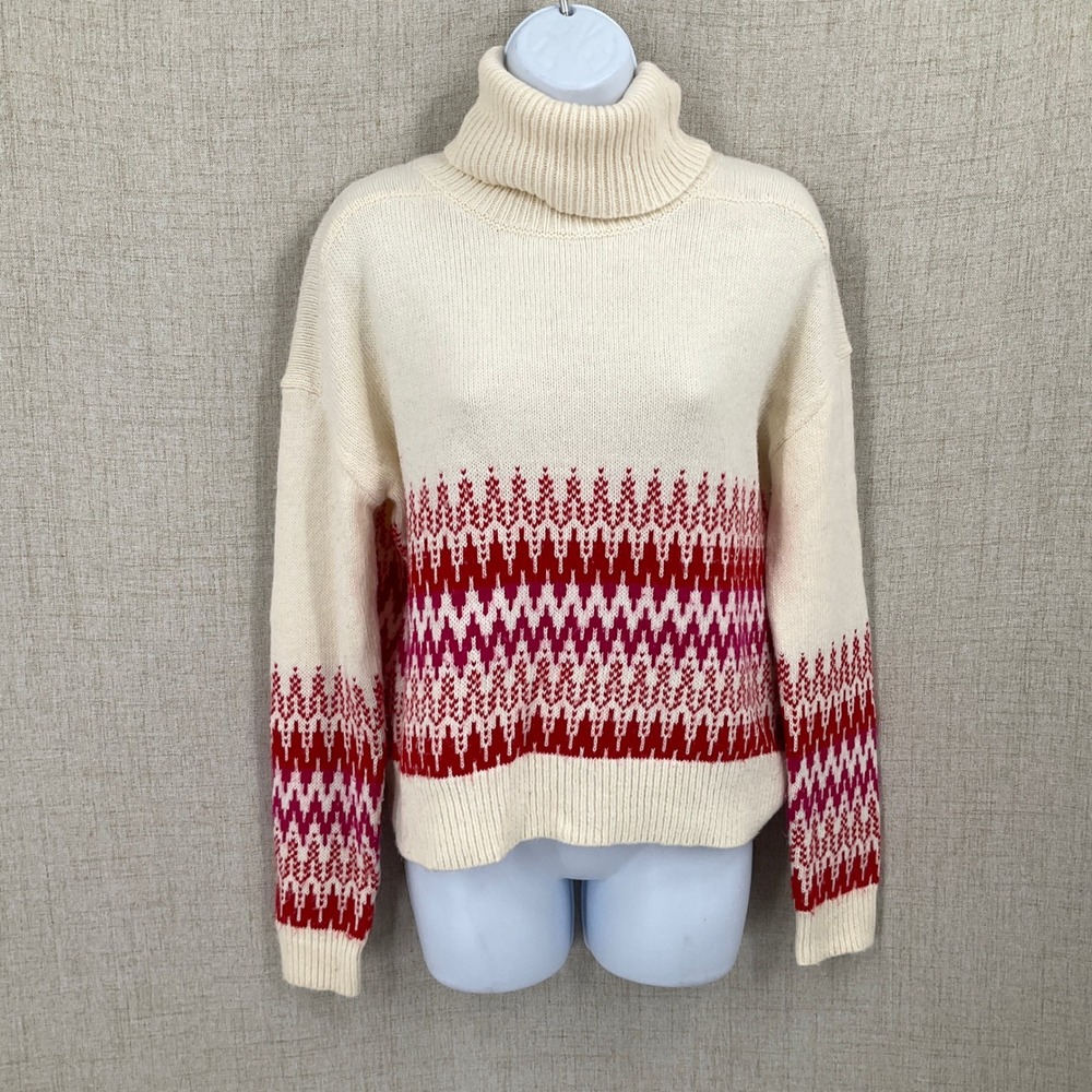 Banana Republic Sweater Womens S Cream Cotton Fair Isle Turtleneck Zigzag Pink